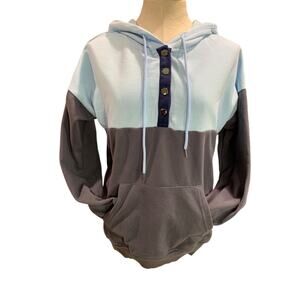 Medium Womens Blue Gray Hoodie Sweatshirt Snaps Colorblock